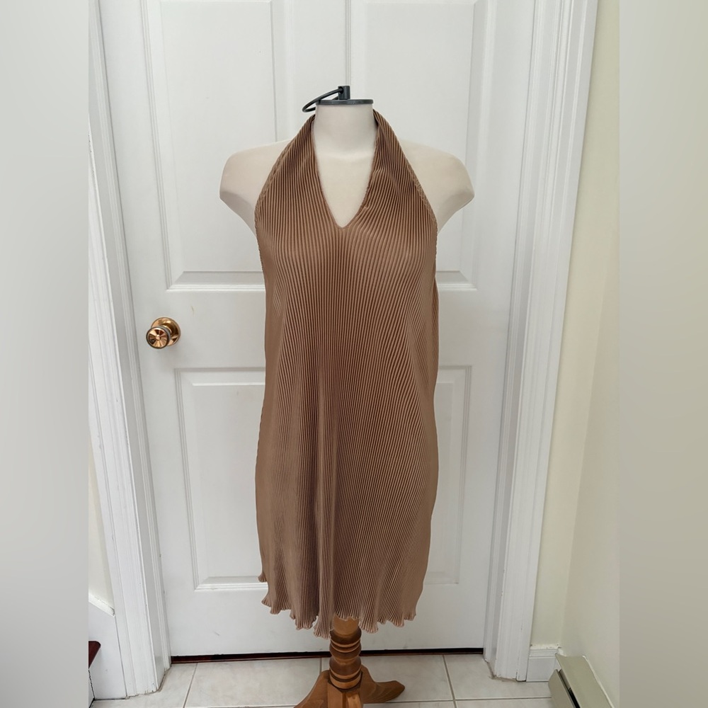 Tan Halter Neck Pleated Dress